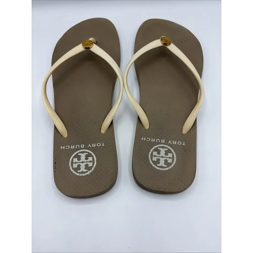 Tory Burch Neutral Tan Rubber Summer Flip Flops Sandals Women’s Sz 7